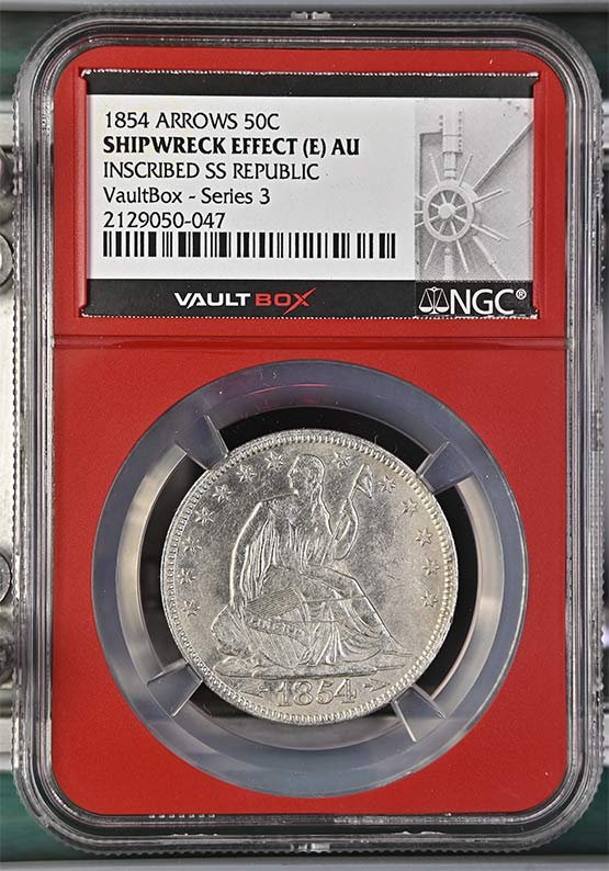 1854 Arrows SS Republic Seated Liberty Half Dollar NGC Shipwreck Effect Incribed Vaultbox Series 3 Front