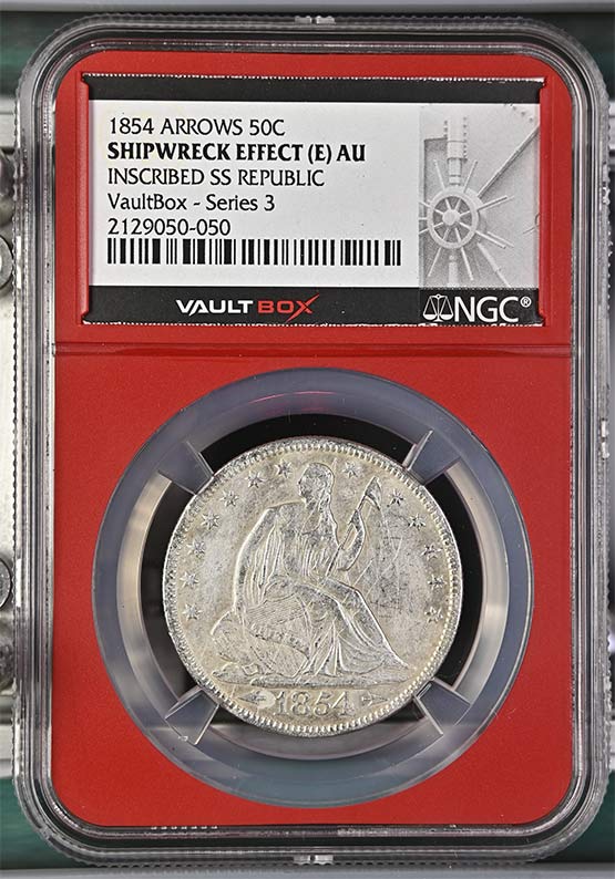 1854 Arrows SS Republic Seated Liberty Half Dollar NGC Shipwreck Effect (E) AU Vaultbox Series 3 Front