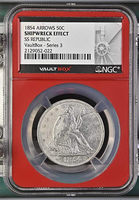 1854 Arrows SS Republic Seated Liberty Half Dollar NGC Shipwreck Effect Vaultbox Series 3 Front