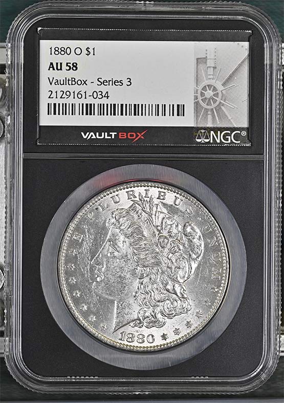1880-O $1 Morgan Silver Dollar NGC AU58 Vaultbox Series 3 Front