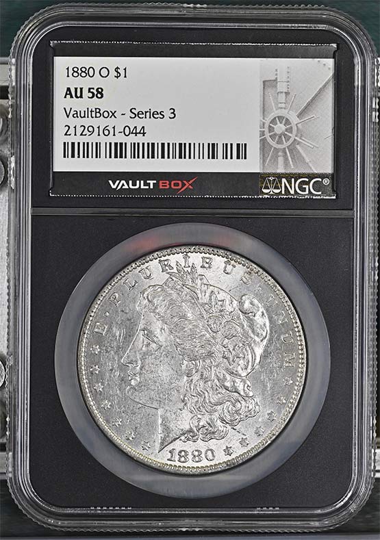 1880-O $1 Morgan Silver Dollar NGC AU58 Vaultbox Series 3 Front
