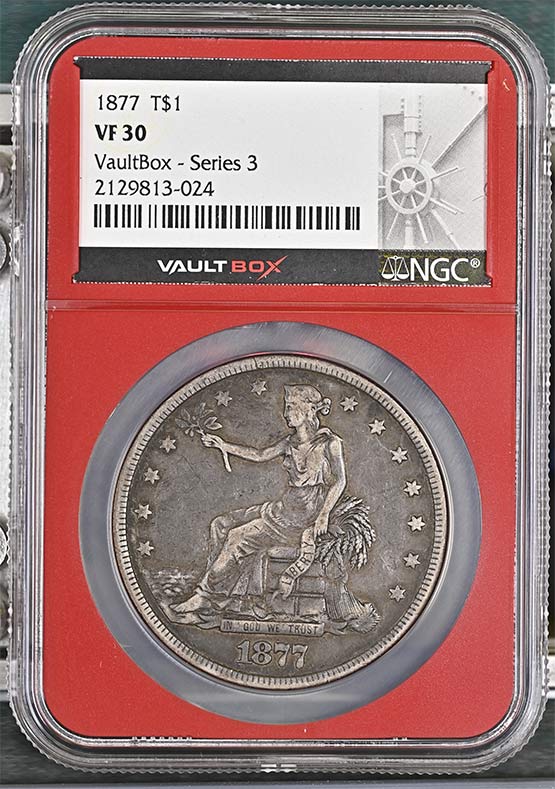 1877 $1 Trade Silver Dollar NGC VF30 Vaultbox Series 3 Front