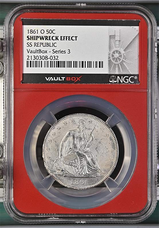 1861-O SS Republic Seated Liberty Half Dollar NGC Shipwreck Effect Vaultbox Series 3 Front