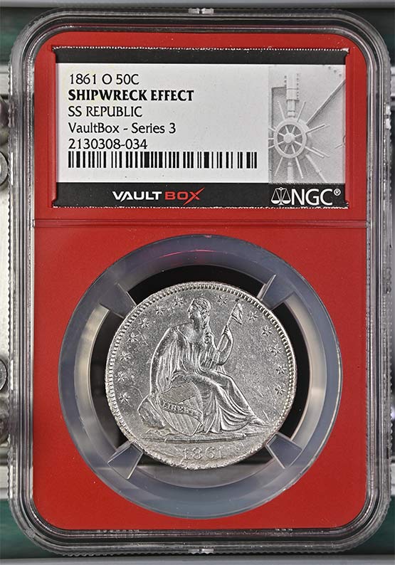 1861-O SS Republic Seated Liberty Half Dollar NGC Shipwreck Effect Vaultbox Series 3 Front