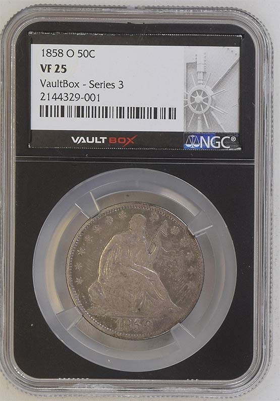 1858-O Seated Liberty Half Dollar NGC VF25 Vaultbox Series 3 Front
