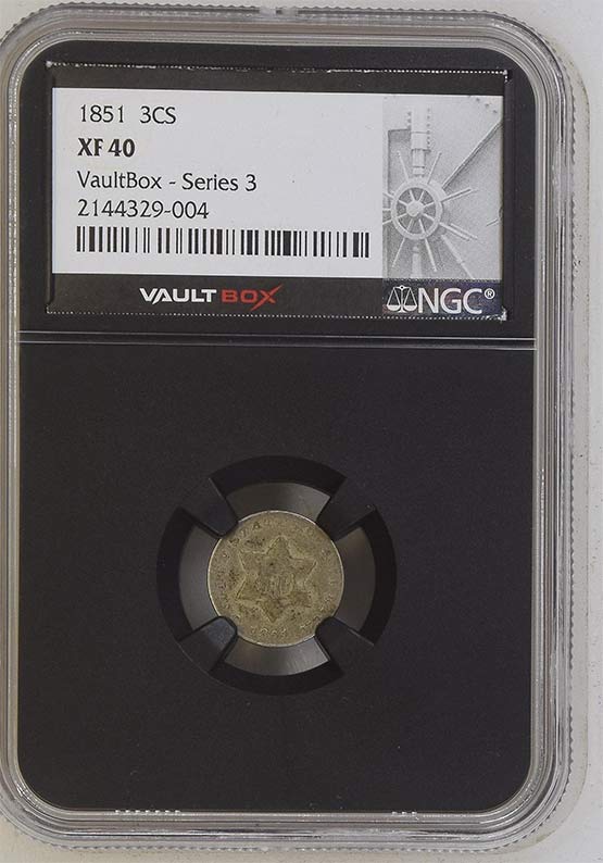 1851 Three-Cent Silver Piece NGC XF40 Vaultbox Series 3 Front