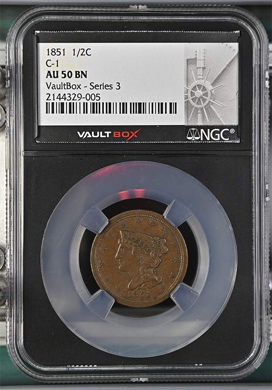 1851 Braided Hair Half Cent NGC AU50BN Vaultbox Series 3 Front