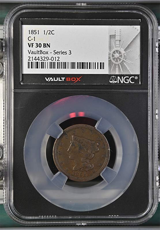 1851 Braided Hair Half Cent NGC VF30BN Vaultbox Series 3 Front