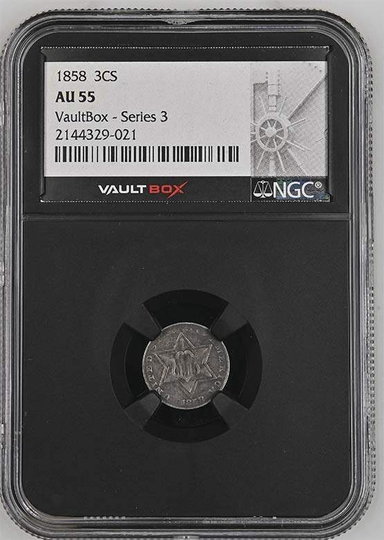 1858 Three-Cent Silver Piece NGC AU55 Vaultbox Series 3 Front