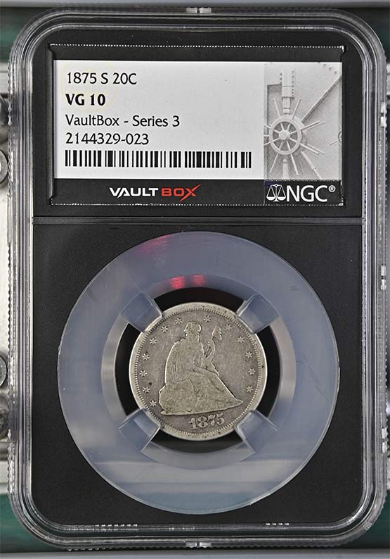 1875-S Seated Liberty Twenty-Cent Piece NGC VG10 Vaultbox Series 3 Front