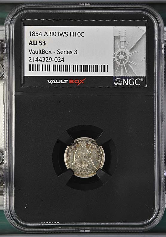 1854 Arrows Seated Liberty Half Dime NGC AU53 Vaultbox Series 3 Front