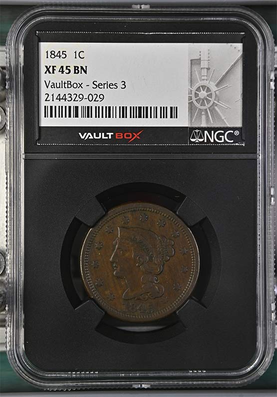 1845 Braided Hair Large Cent NGC XF45BN Vaultbox Series 3 Front