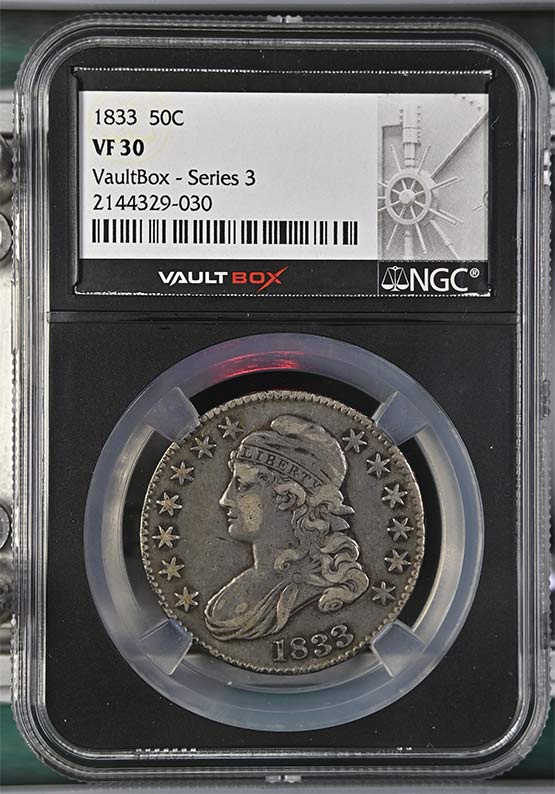 1833 Capped Bust Lettered Edge Half Dollar NGC VF30 Vaultbox Series 3 Front
