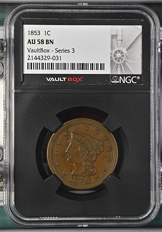 1853 Braided Hair Large Cent NGC AU58BN Vaultbox Series 3 Front