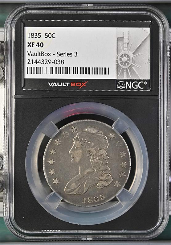 1835 Capped Bust Lettered Edge Half Dollar NGC XF40 Vaultbox Series 3 Front
