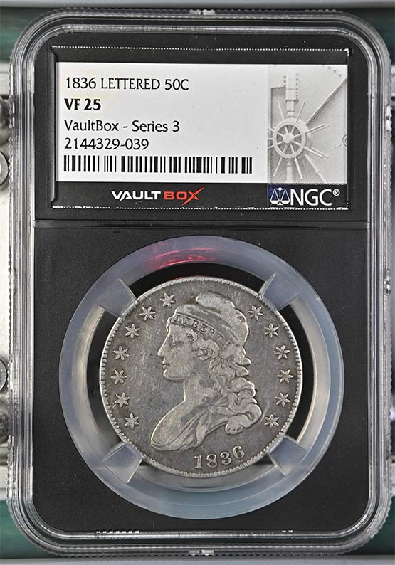 1836 Capped Bust Lettered Edge Half Dollar NGC VF25 Vaultbox Series 3 Front