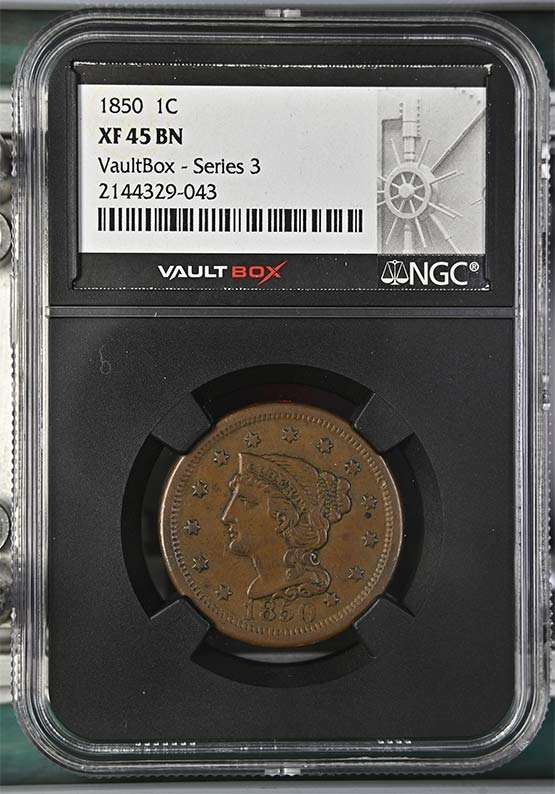 1850 Braided Hair Large Cent NGC XF45BN Vaultbox Series 3 Front