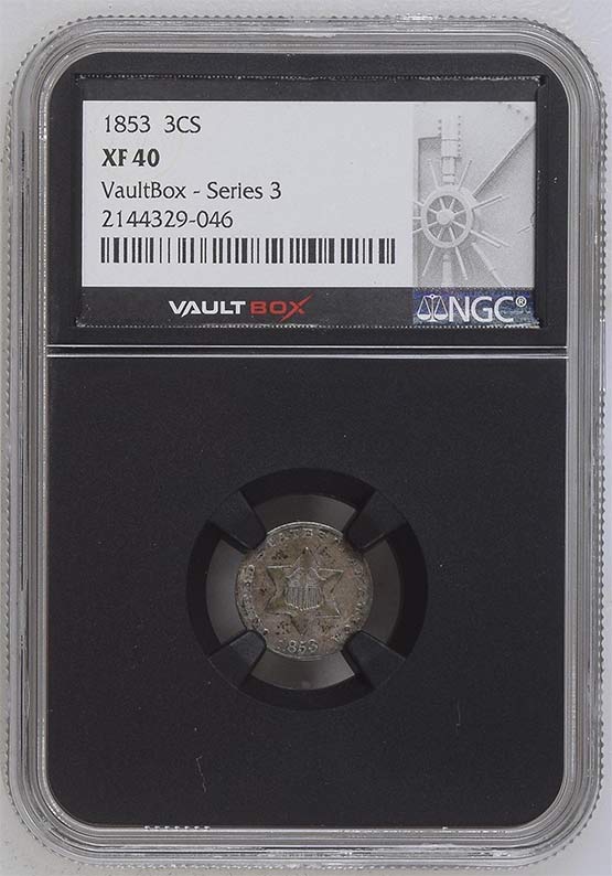 1853 Three-Cent Silver Piece NGC XF40 Vaultbox Series 3 Front