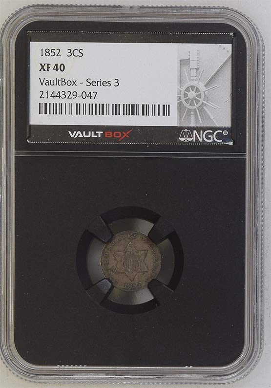 1852 Three-Cent Silver Piece NGC XF40 Vaultbox Series 3 Front