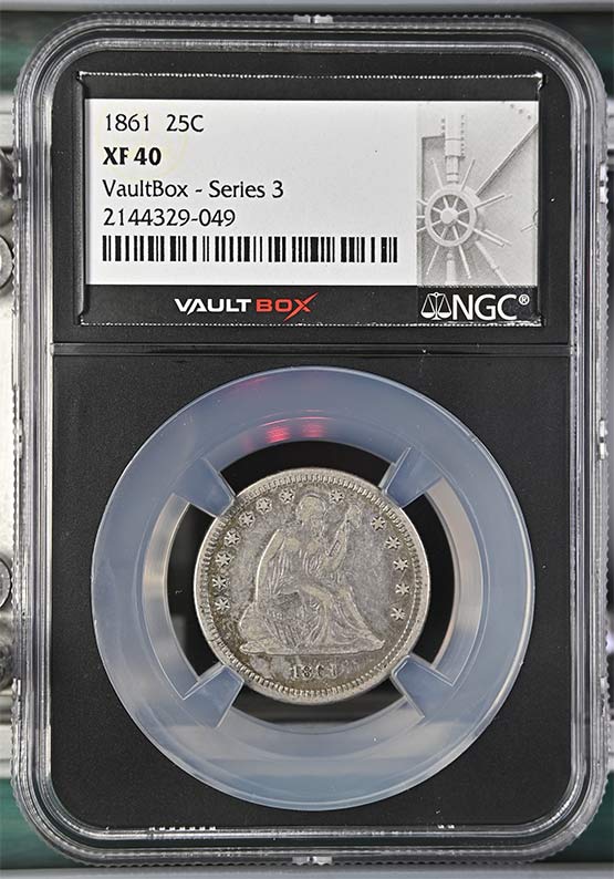 1861 Seated Liberty Quarter NGC XF40 Vaultbox Series 3 Front