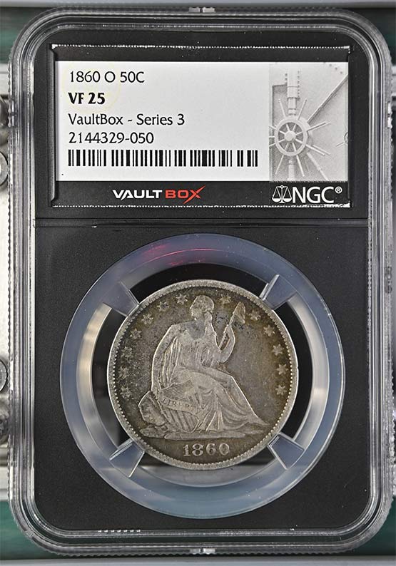 1860-O Seated Liberty Half Dollar NGC VF25 Vaultbox Series 3 Front