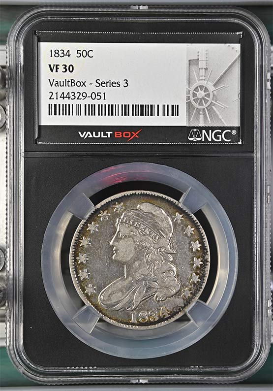 1834 Capped Bust Lettered Edge Half Dollar NGC VF30 Vaultbox Series 3 Front