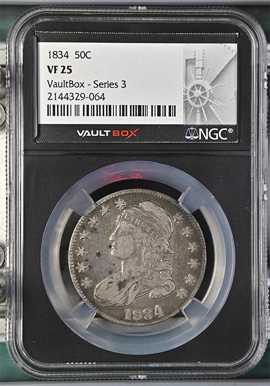 1834 Capped Bust Lettered Edge Half Dollar NGC VF25 Vaultbox Series 3 Front