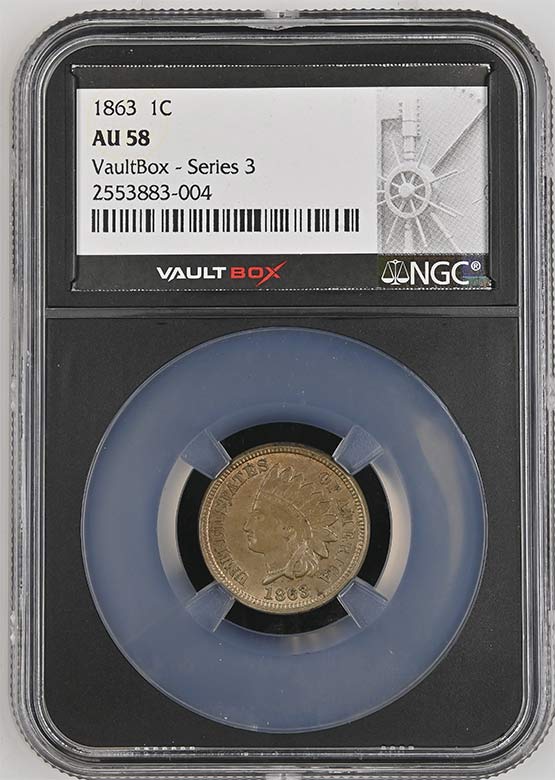 1863 Copper Nickel Indian Head Cent NGC AU58 Vaultbox Series 3 Front