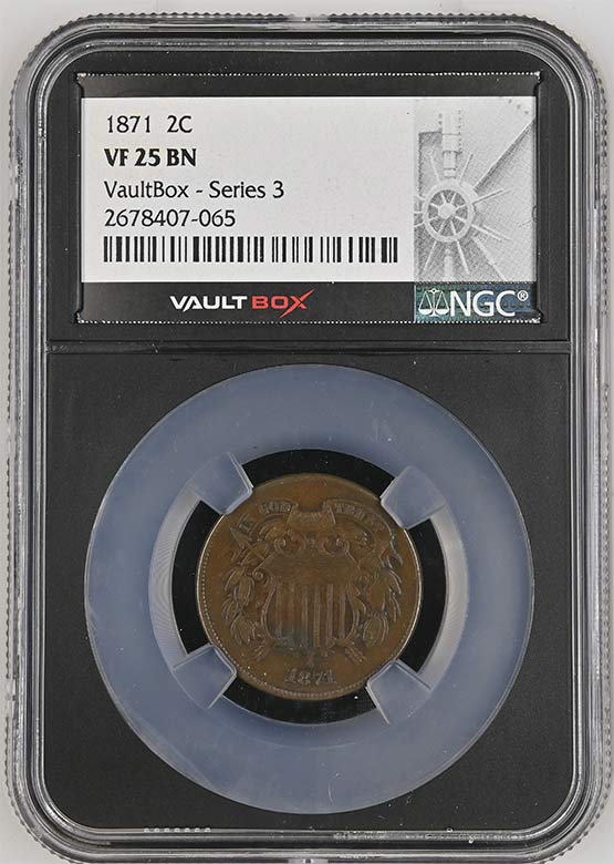 1871 Shield Two-Cent Piece NGC VF25BN Vaultbox Series 3 Front
