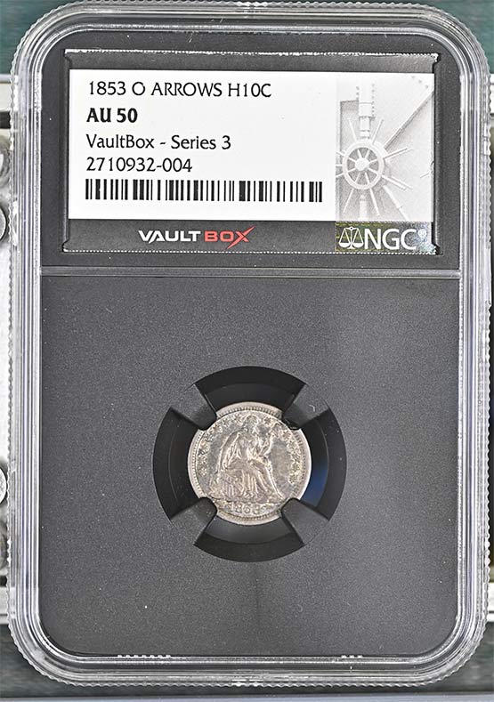 1853-O Arrows Seated Liberty Half Dime NGC AU50 Vaultbox Series 3 Front