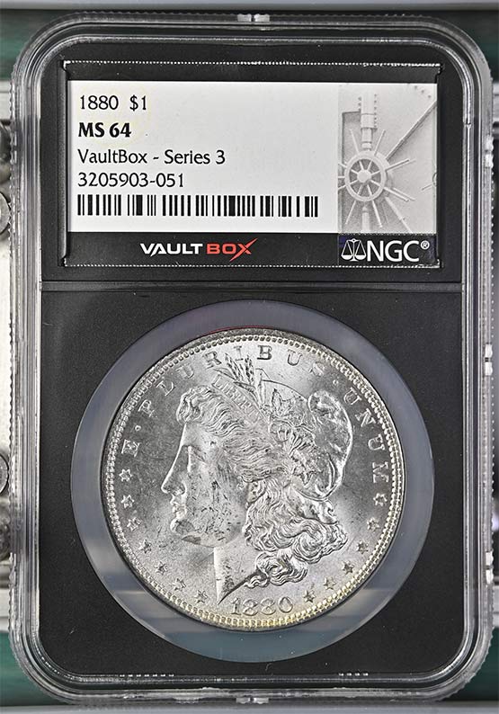 1880 $1 Morgan Silver Dollar NGC MS64 Vaultbox Series 3 Front