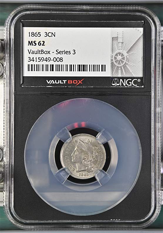 1865 Three-Cent Nickel NGC MS62 Vaultbox Series 3 Front