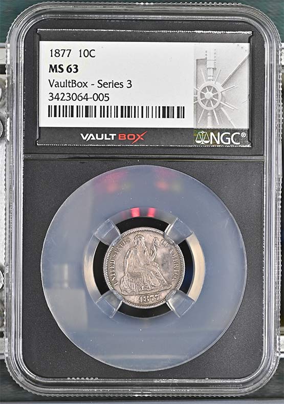 1877 Seated Liberty Dime NGC MS63 Vaultbox Series 3 Front