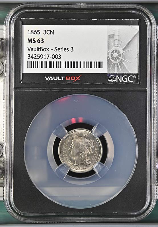 1865 Three-Cent Nickel NGC MS63 Vaultbox Series 3 Front