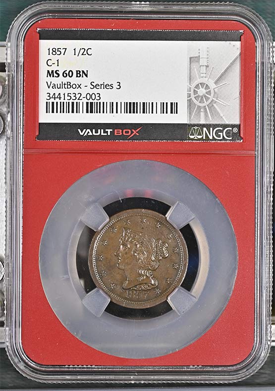1857 C-1 Braided Hair Half Cent NGC MS60BN Vaultbox Series 3 Front