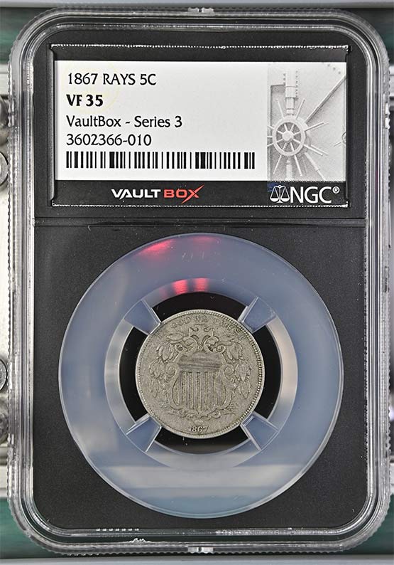 1867 Rays Shield Nickel NGC VF35 Vaultbox Series 3 Front