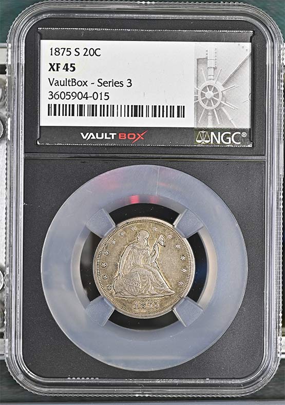 1875-S Seated Liberty Twenty-Cent Piece NGC XF45 Vaultbox Series 3 Front