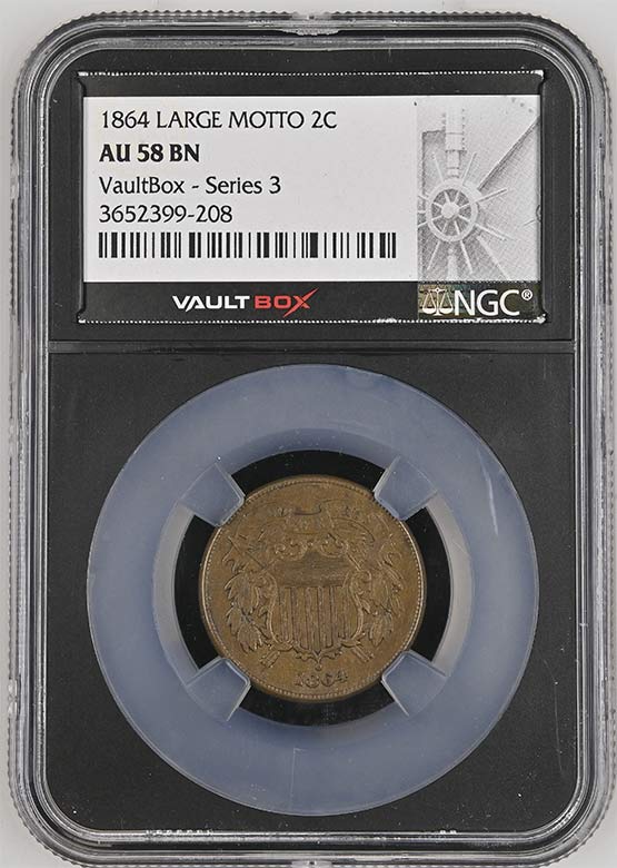 1864 Large Motto Shield Two-Cent Piece NGC AU58BN Vaultbox Series 3 Front