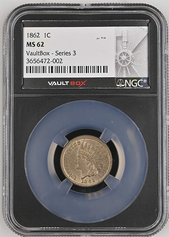 1862 Copper Nickel Indian Head Cent NGC MS62 Vaultbox Series 3 Front