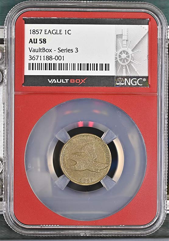 1857 Flying Eagle Cent NGC AU58 Vaultbox Series 3 Front