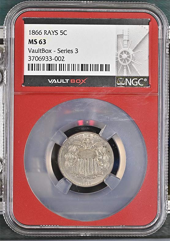 1866 Rays Shield Nickel NGC MS63 Vaultbox Series 3 Front