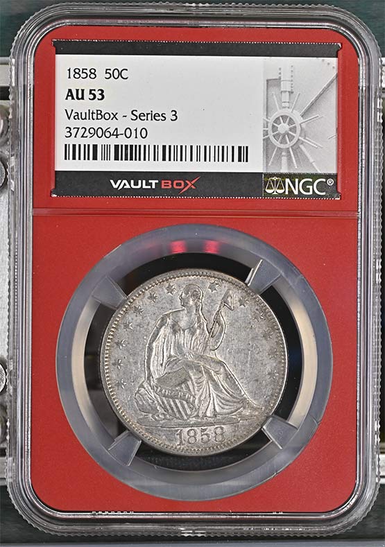 1858 Seated Liberty Half Dollar NGC AU53 Vaultbox Series 3 Front