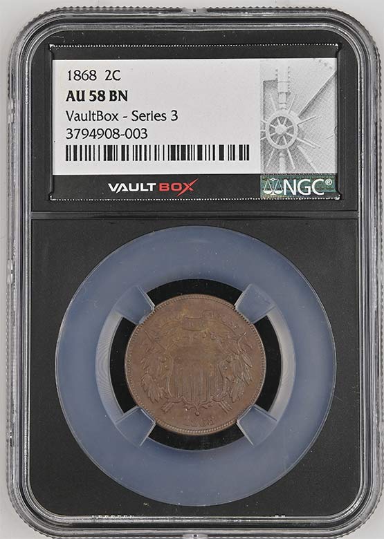 1868 Shield Two-Cent Piece NGC AU58BN Vaultbox Series 3 Front