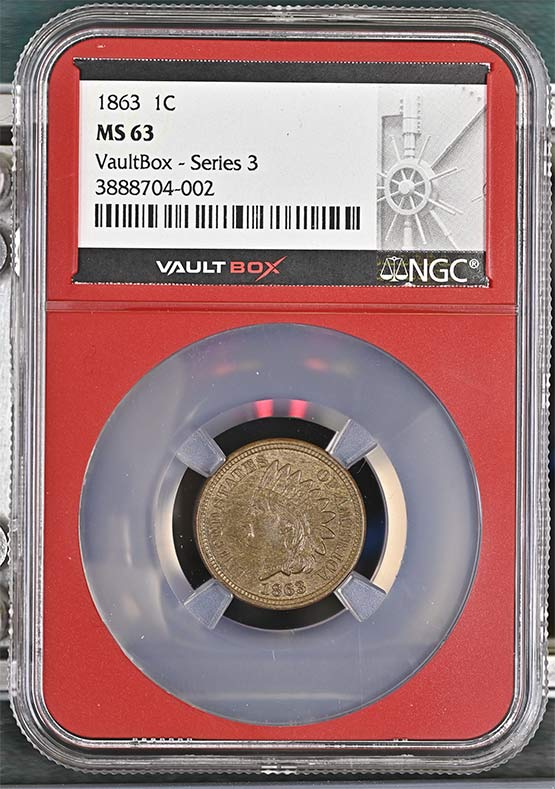 1863 Copper Nickel Indian Head Cent NGC MS63 Vaultbox Series 3 Front