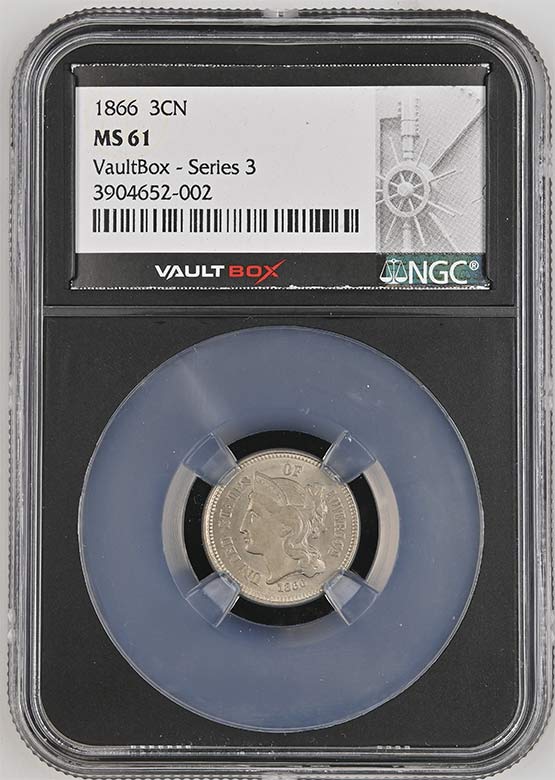1866 Three-Cent Nickel NGC MS61 Vaultbox Series 3 Front