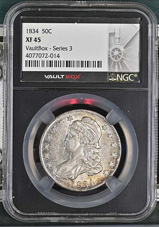 1834 Capped Bust Lettered Edge Half Dollar NGC XF45 Vaultbox Series 3 Front