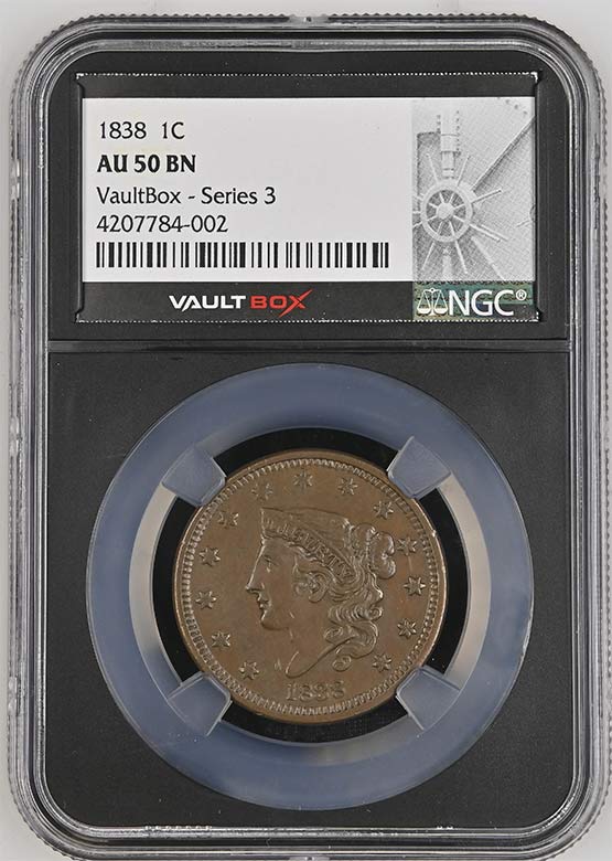 1838 Classic Head Large Cent NGC AU50BN Vaultbox Series 3 Front