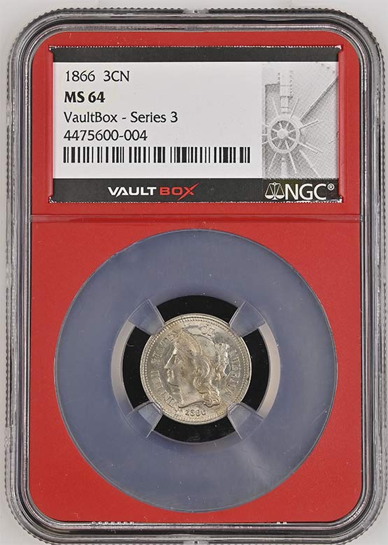 1866 Three-Cent Nickel NGC MS64 Vaultbox Series 3 Front