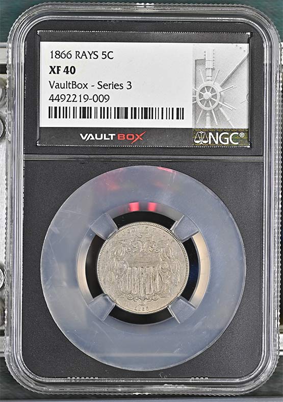 1866 Rays Shield Nickel NGC XF40 Vaultbox Series 3 Front