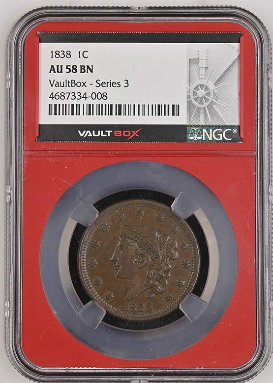1838 Classic Head Large Cent NGC AU58BN Vaultbox Series 3 Front